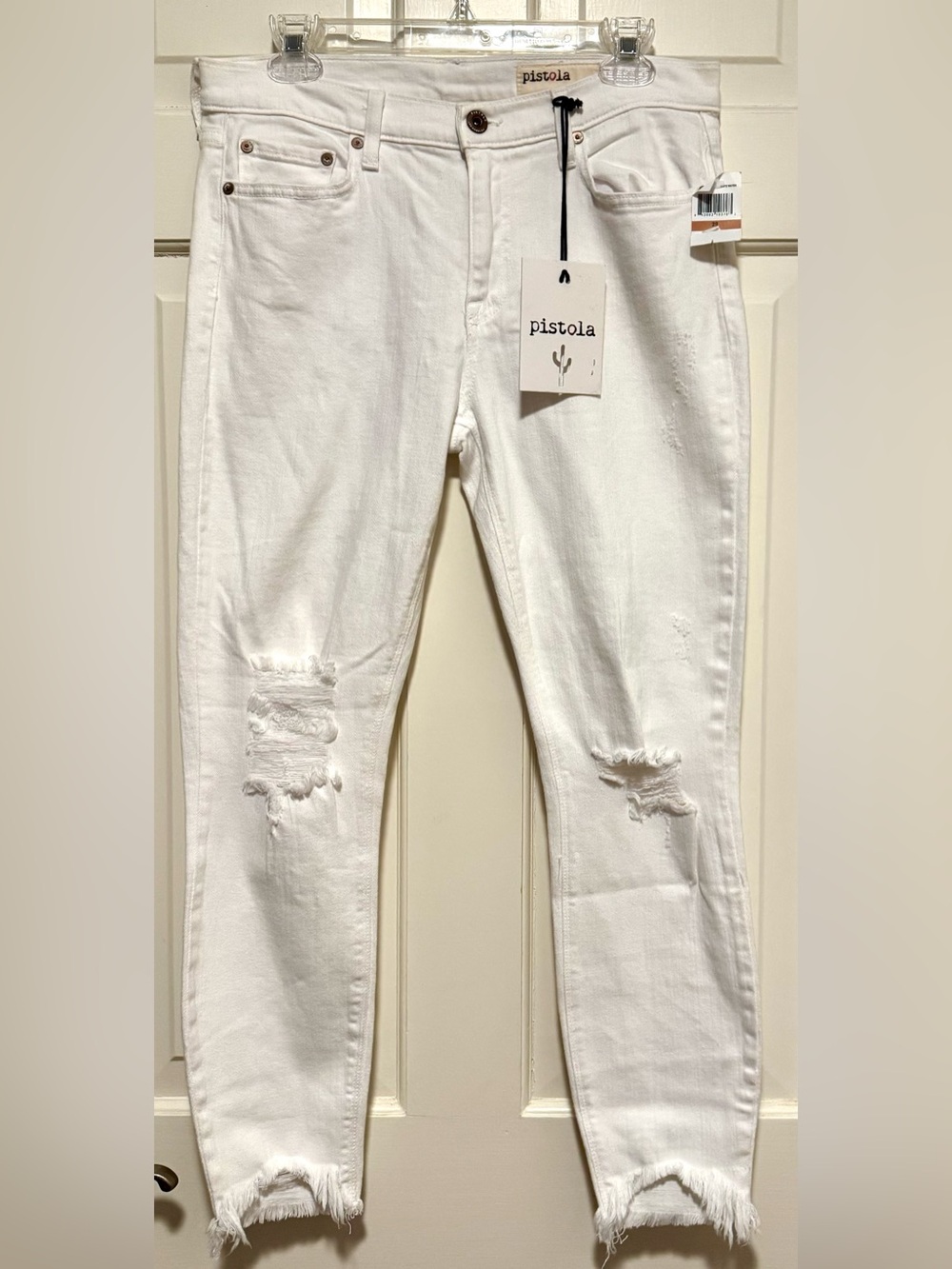 pistola—Sz. 29, Mid Rise, Distressed Skinny Jeans, Raw Hem, Color “White Water”